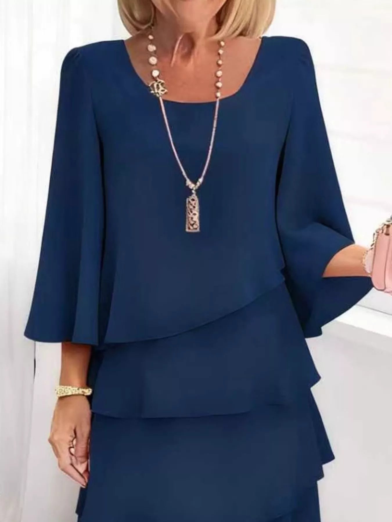 Full Size Ruffled Layered 3/4 Sleeve Dress Plus Size - Girly Tea