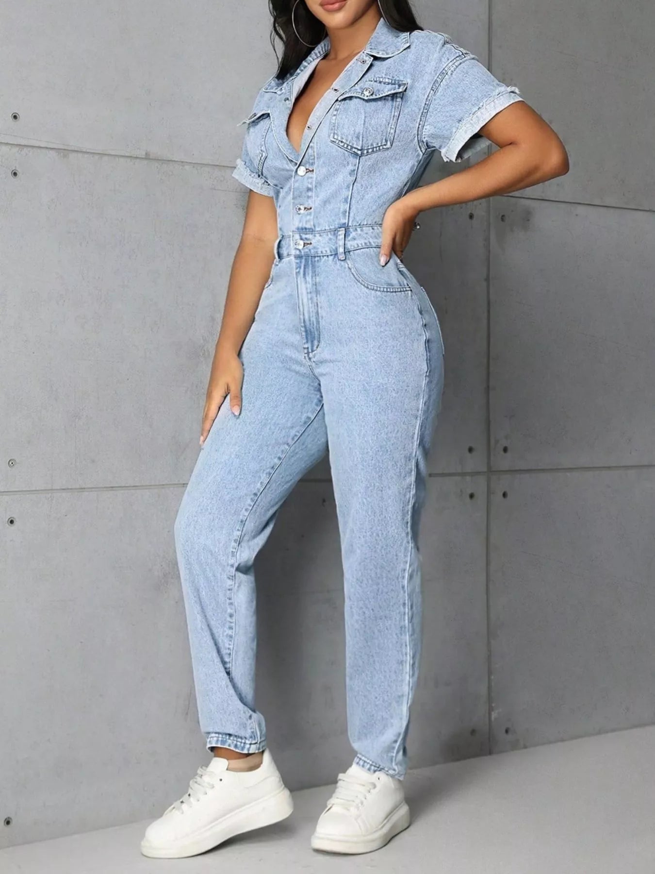Button Front Short Sleeve Denim Jumpsuit - Girly Tea