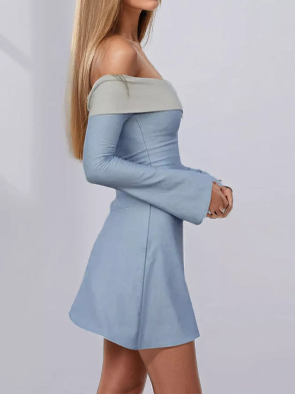 Off-Shoulder Flare Sleeve Mini Dress - Girly Tea
