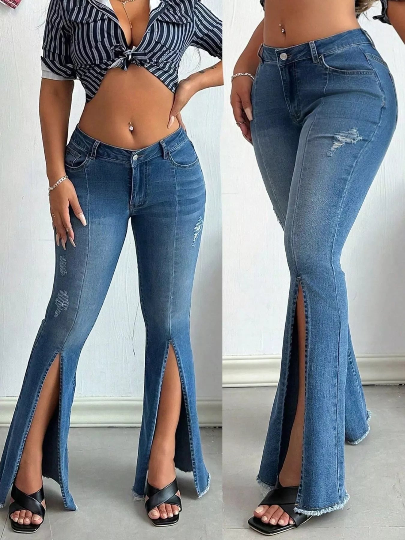 Distressed Slit Flare Jeans - Girly Tea