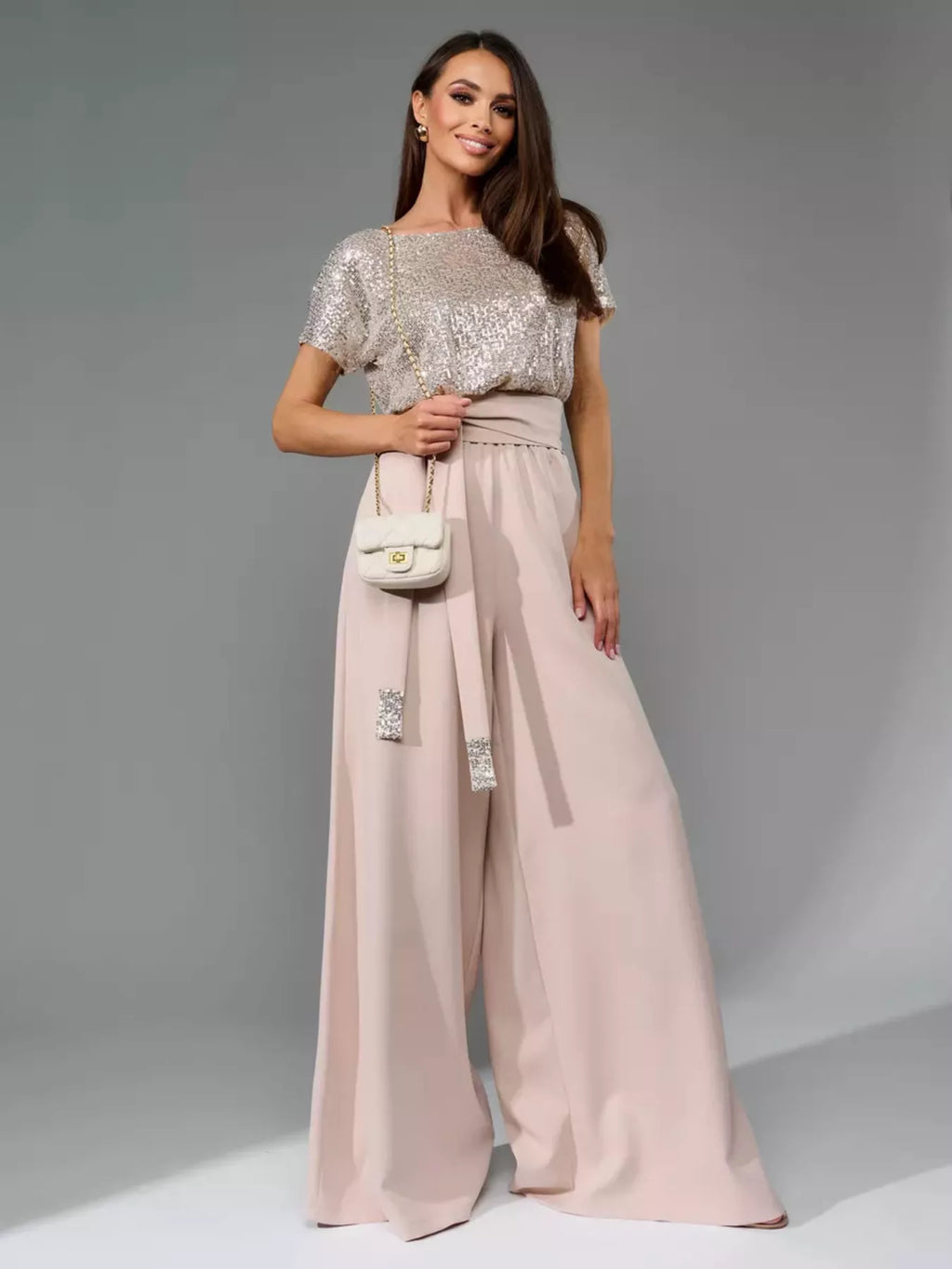 Full Size Sequin Short Sleeve Wide Leg Jumpsuit Plus Size - Girly Tea