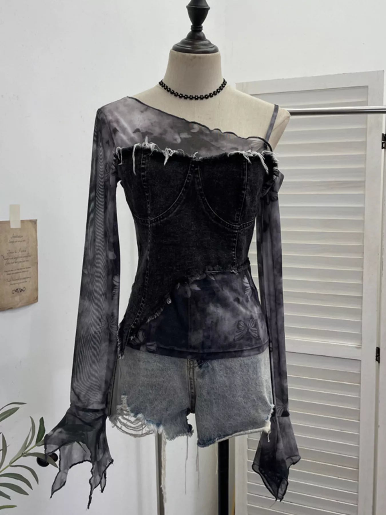Asymmetrical Neck Denim Patchwork Top - Girly Tea