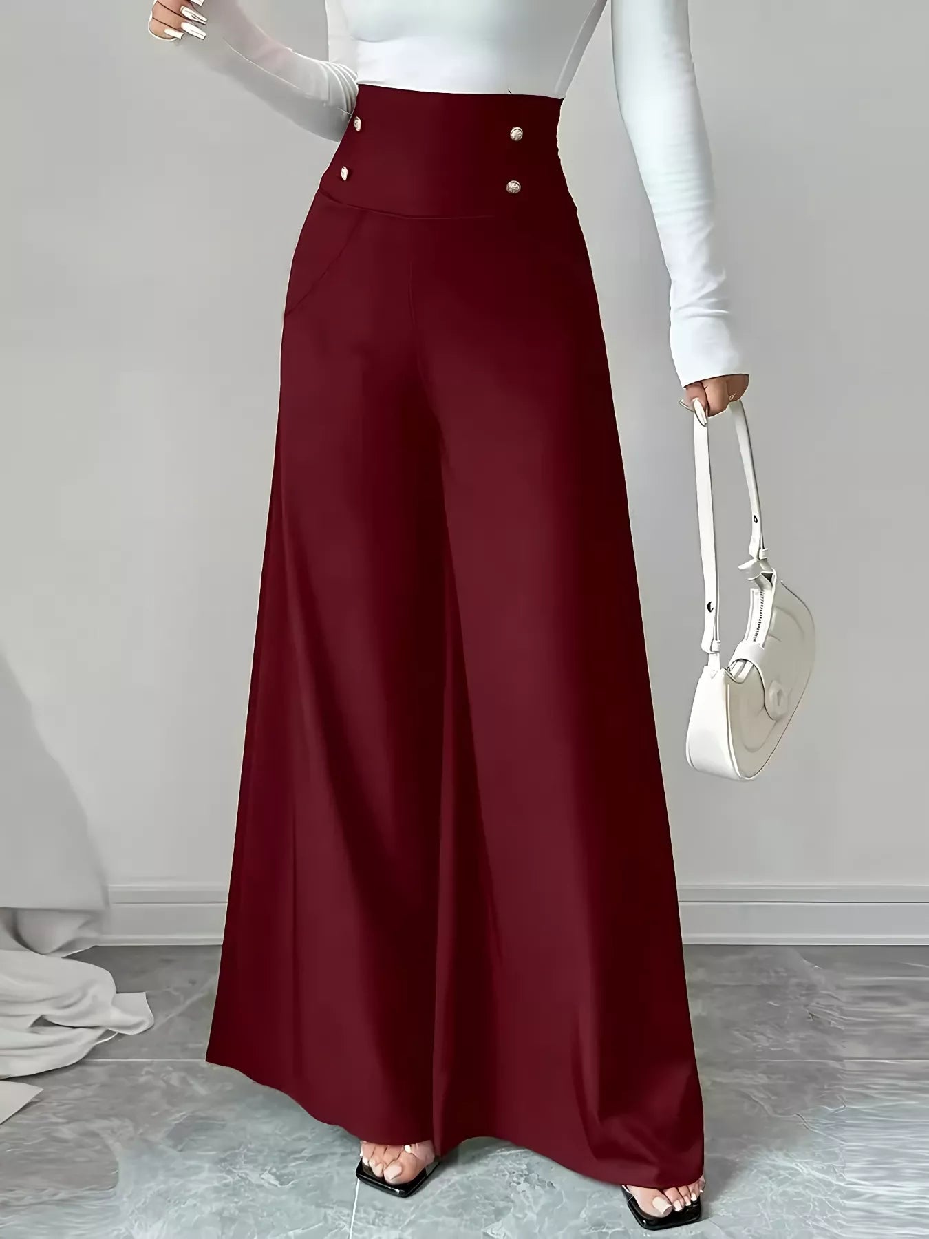High Waist Wide Leg Button Decor Pants - Girly Tea