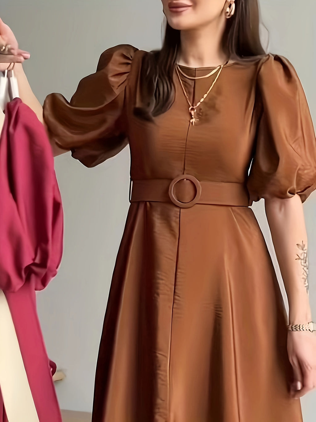 Belted Puff Sleeve Midi Dress - Girly Tea