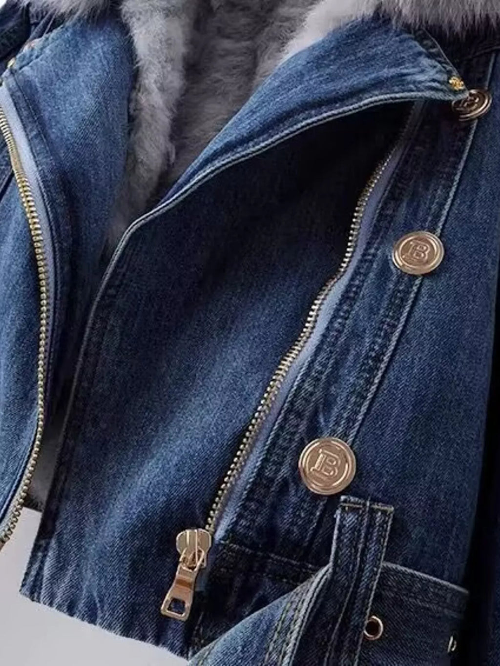 Full Size Faux Fur Collar Denim Jacket Plus Size - Girly Tea