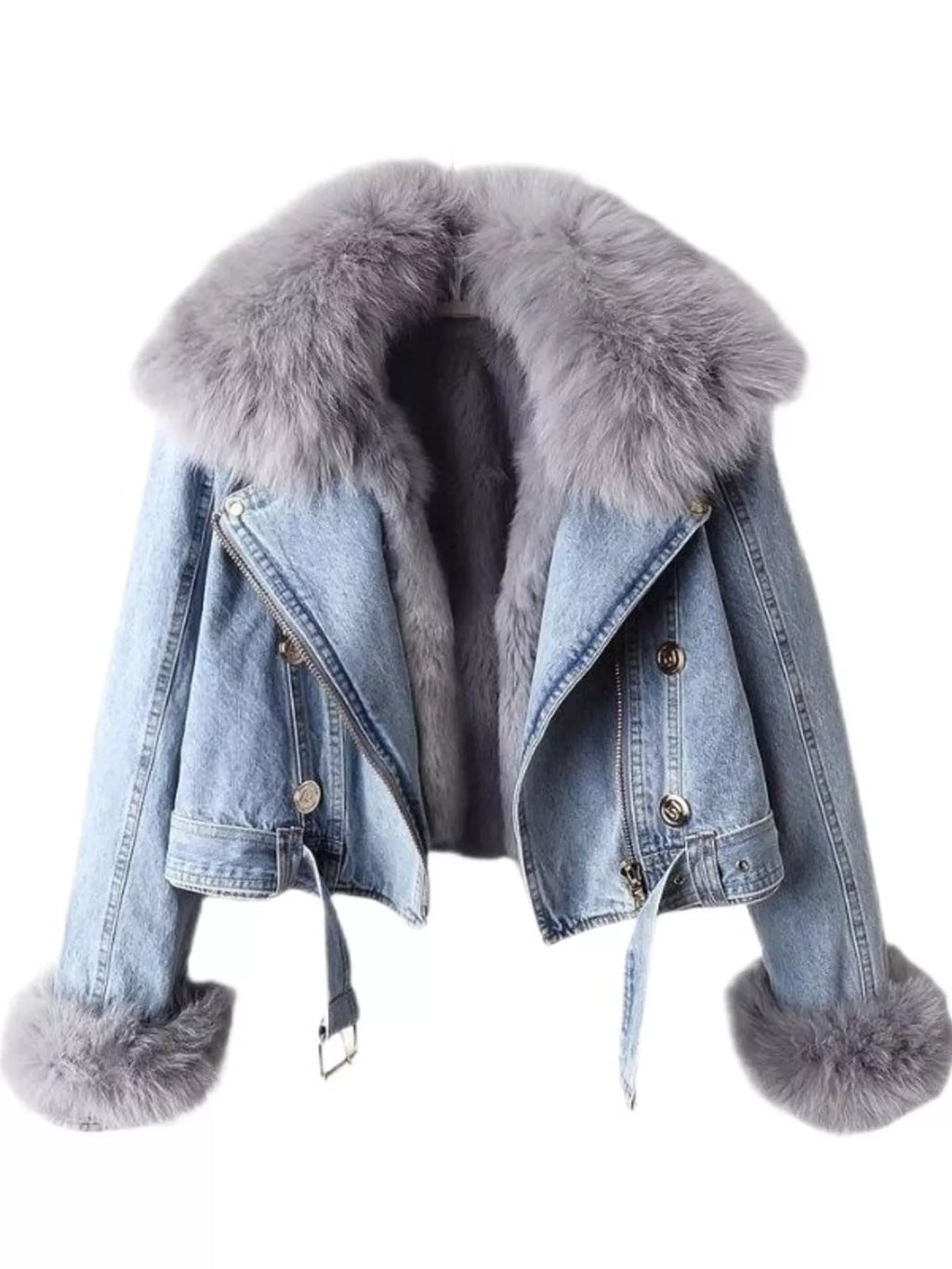 Full Size Faux Fur Collar Denim Jacket Plus Size - Girly Tea