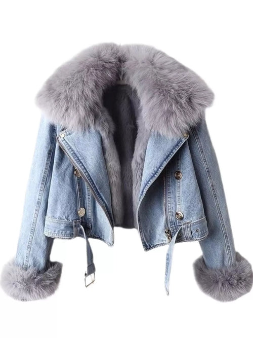 Full Size Faux Fur Collar Denim Jacket Plus Size - Girly Tea