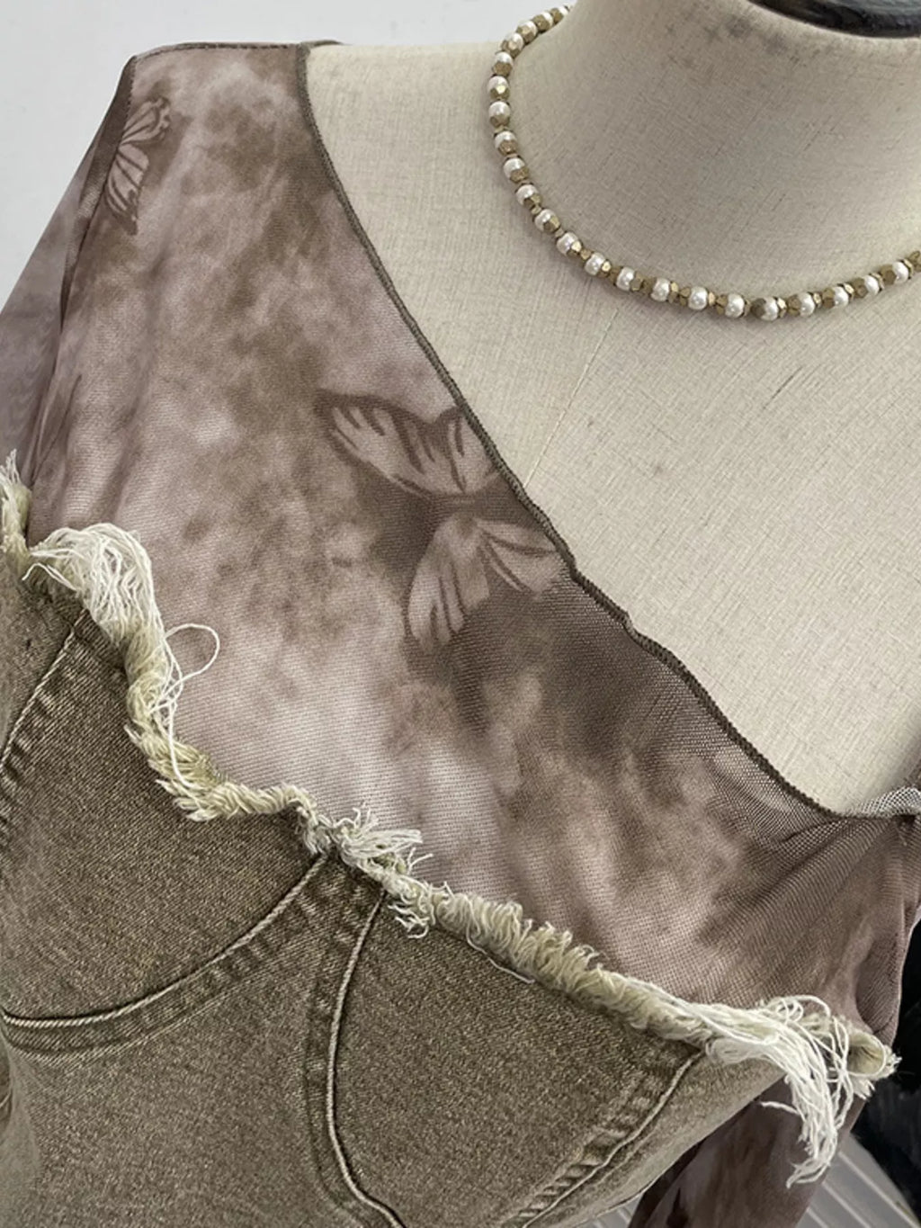 Asymmetrical Neck Denim Patchwork Top - Girly Tea
