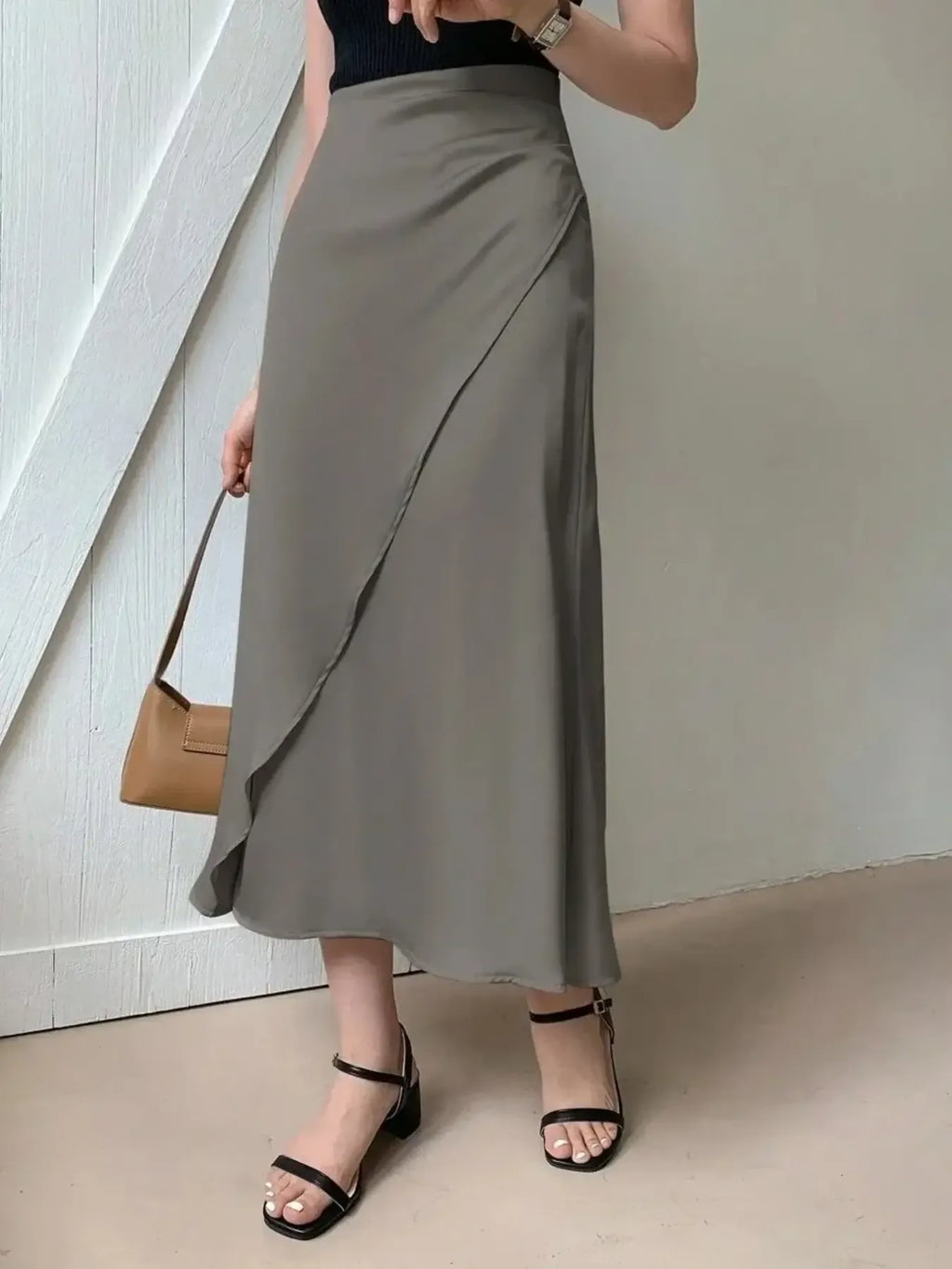 Asymmetric Wrap Midi Skirt with Fluted Hem - Girly Tea