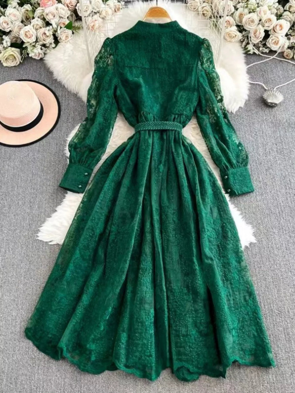 Lace Tie Waist Long Sleeve Dress - Girly Tea