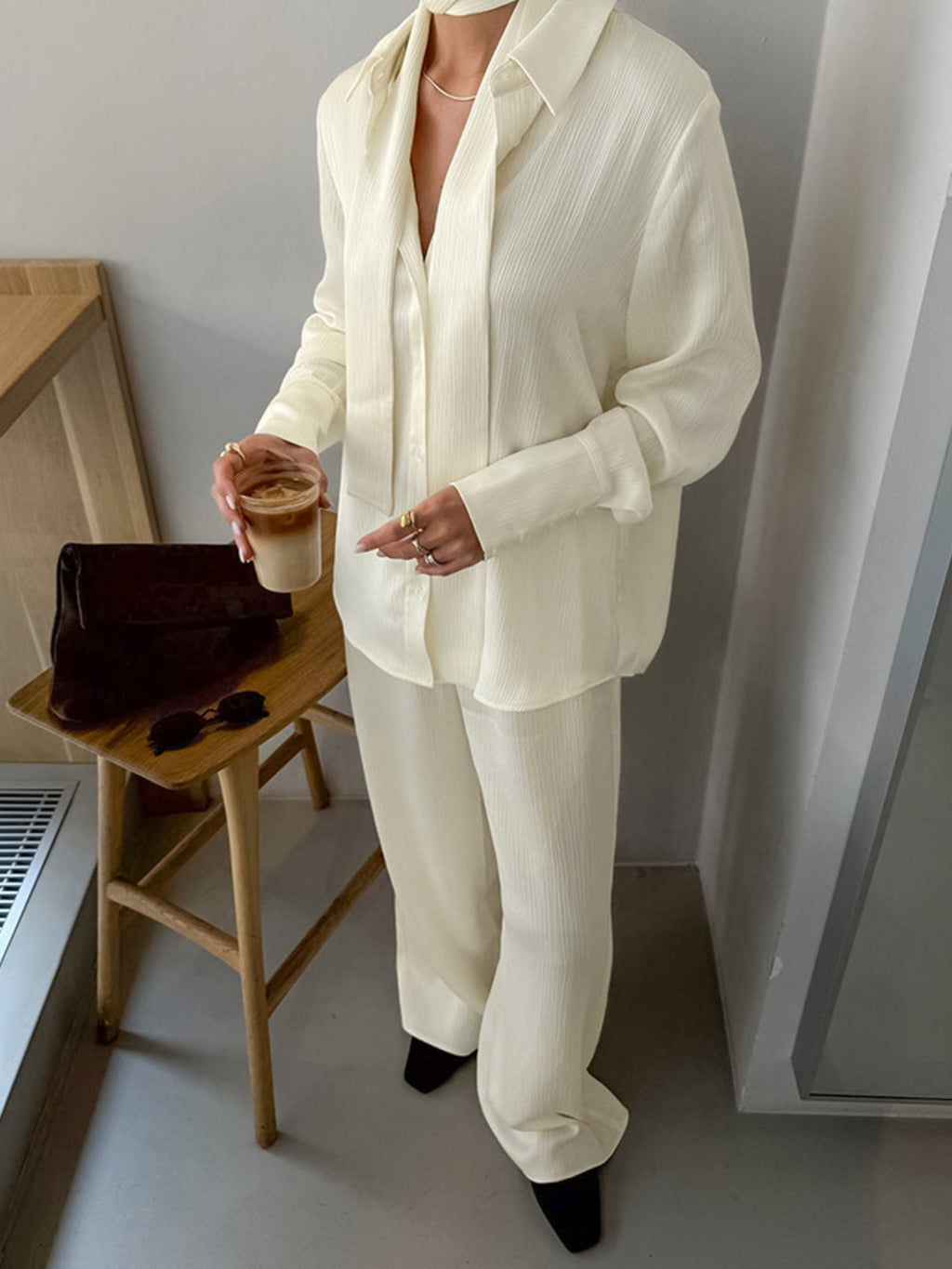 Texture Shirt and Wide-Leg Pants Set - Girly Tea