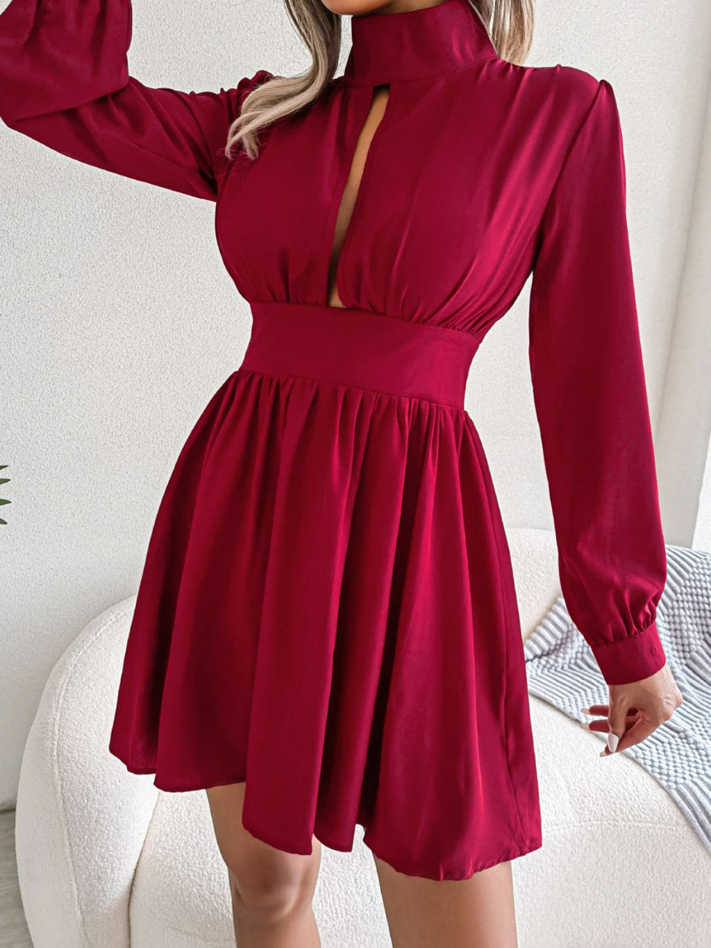 Cutout Turtleneck A-Line Mini Dress - Girly Tea