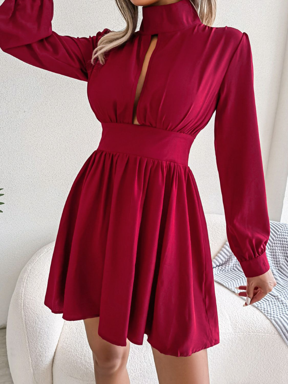 Cutout Turtleneck A-Line Mini Dress - Girly Tea