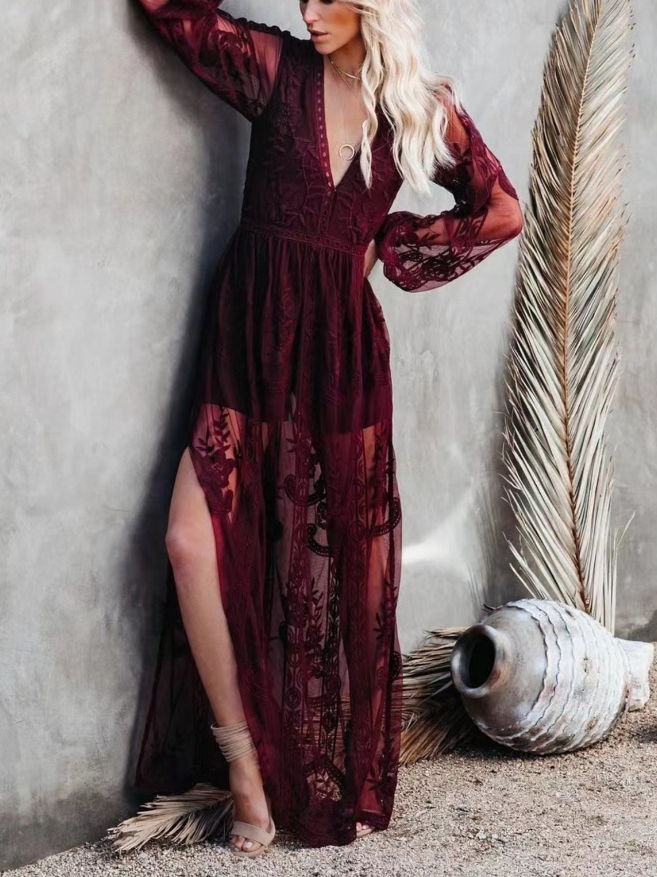 Floral Lace Slit Maxi Dress - Girly Tea