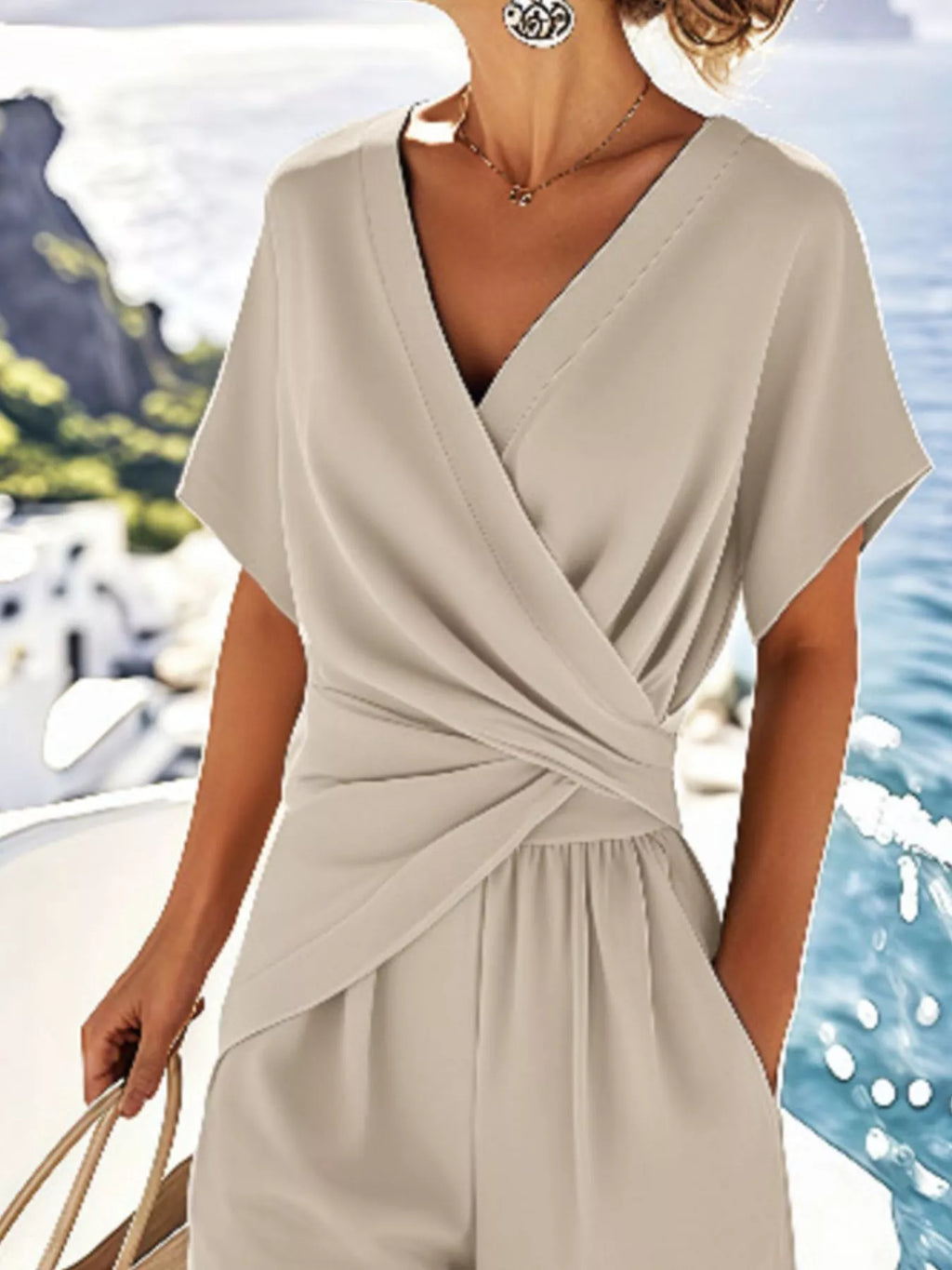 Full Size Surplice Short Sleeve Top and Pants Set Plus Size - Girly Tea
