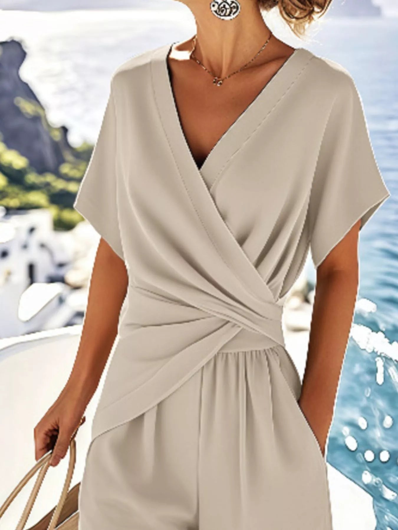 Full Size Surplice Short Sleeve Top and Pants Set Plus Size - Girly Tea