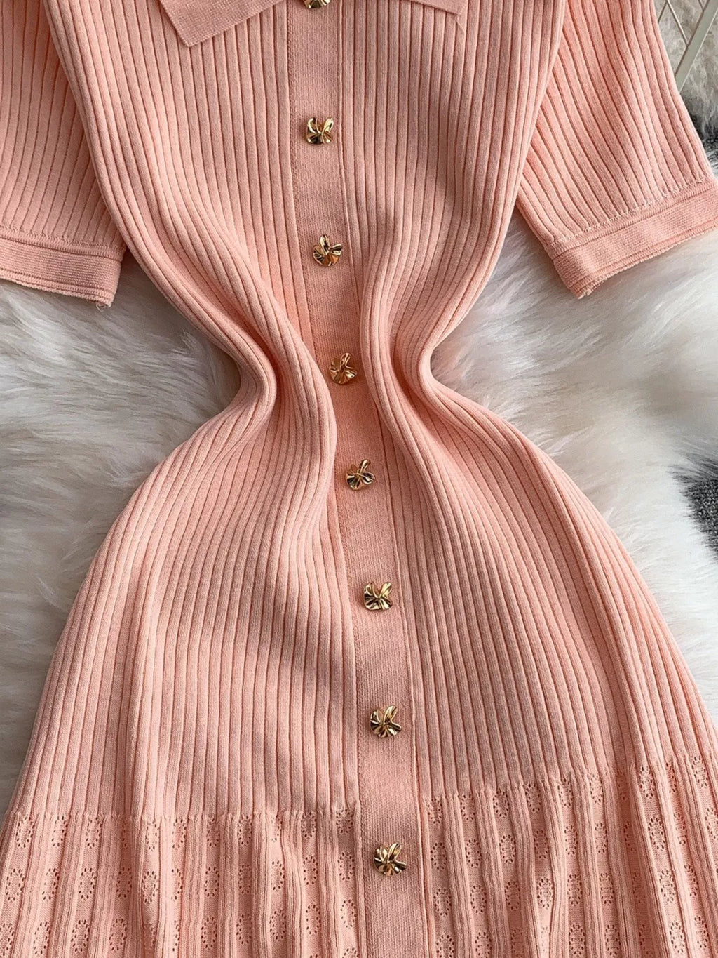 Button Front Ribbed Knit Midi Dress - Girly Tea