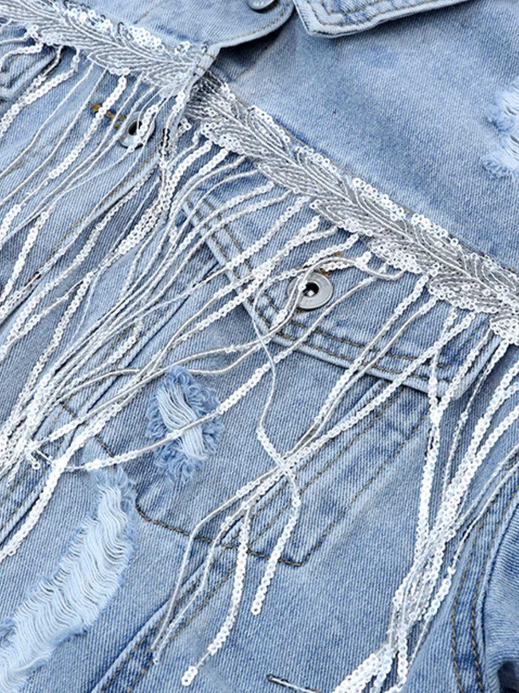 Fringed Sequin Embellished Denim Jacket - Girly Tea