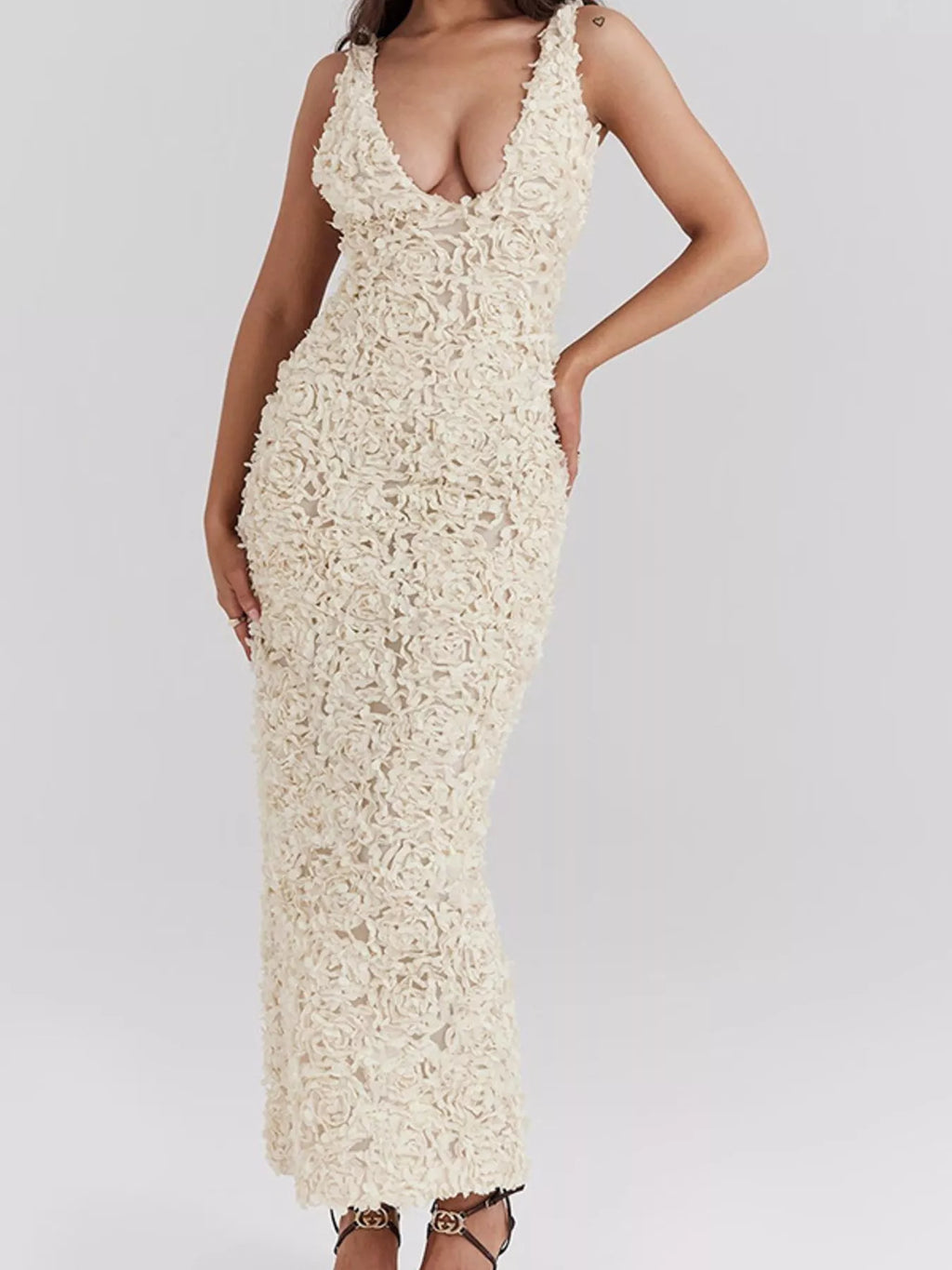 Floral Applique Deep V-Neck Maxi Dress - Girly Tea