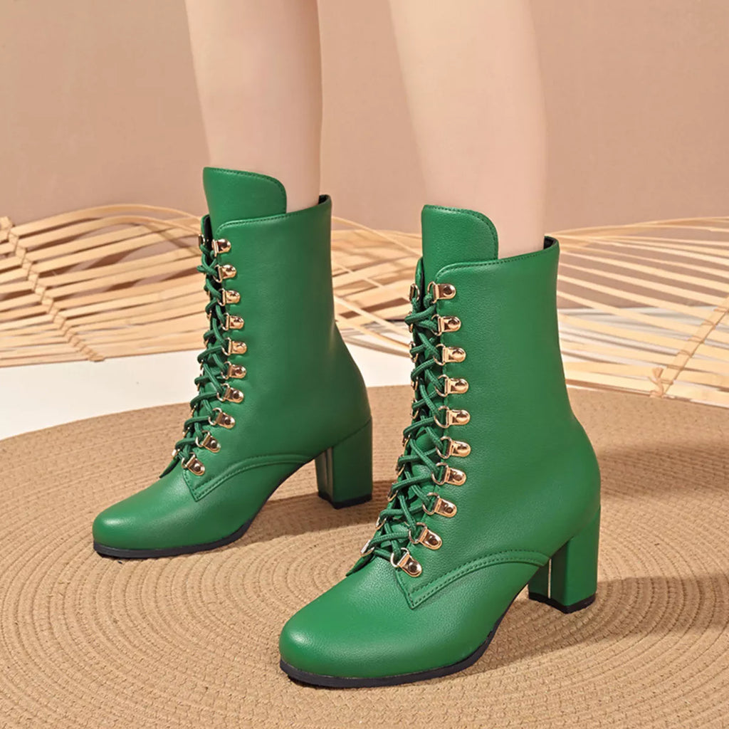 Lace-Up Boots with Block Heel - Girly Tea