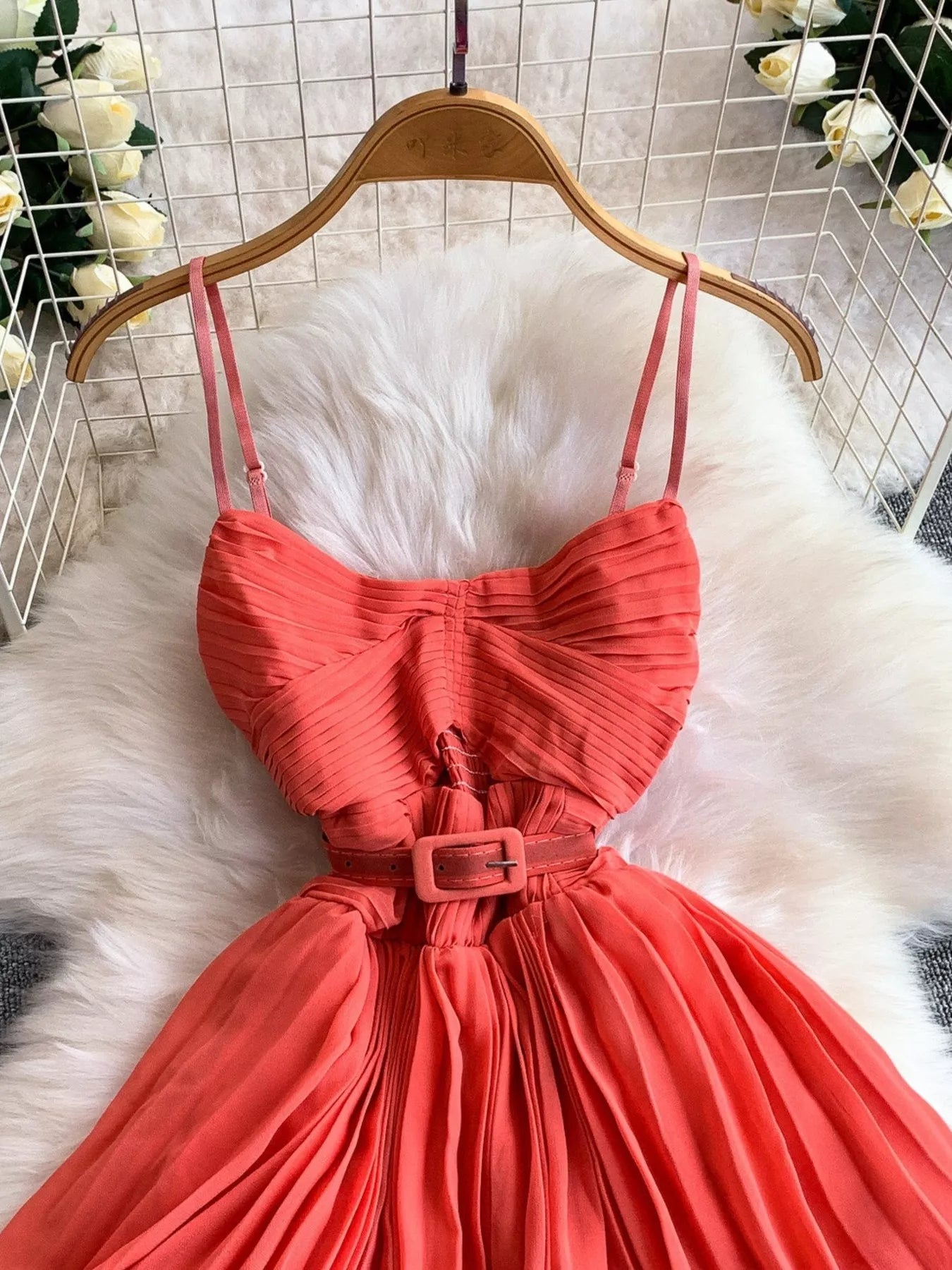 Pleated Layered Spaghetti Strap Midi Dress - Girly Tea
