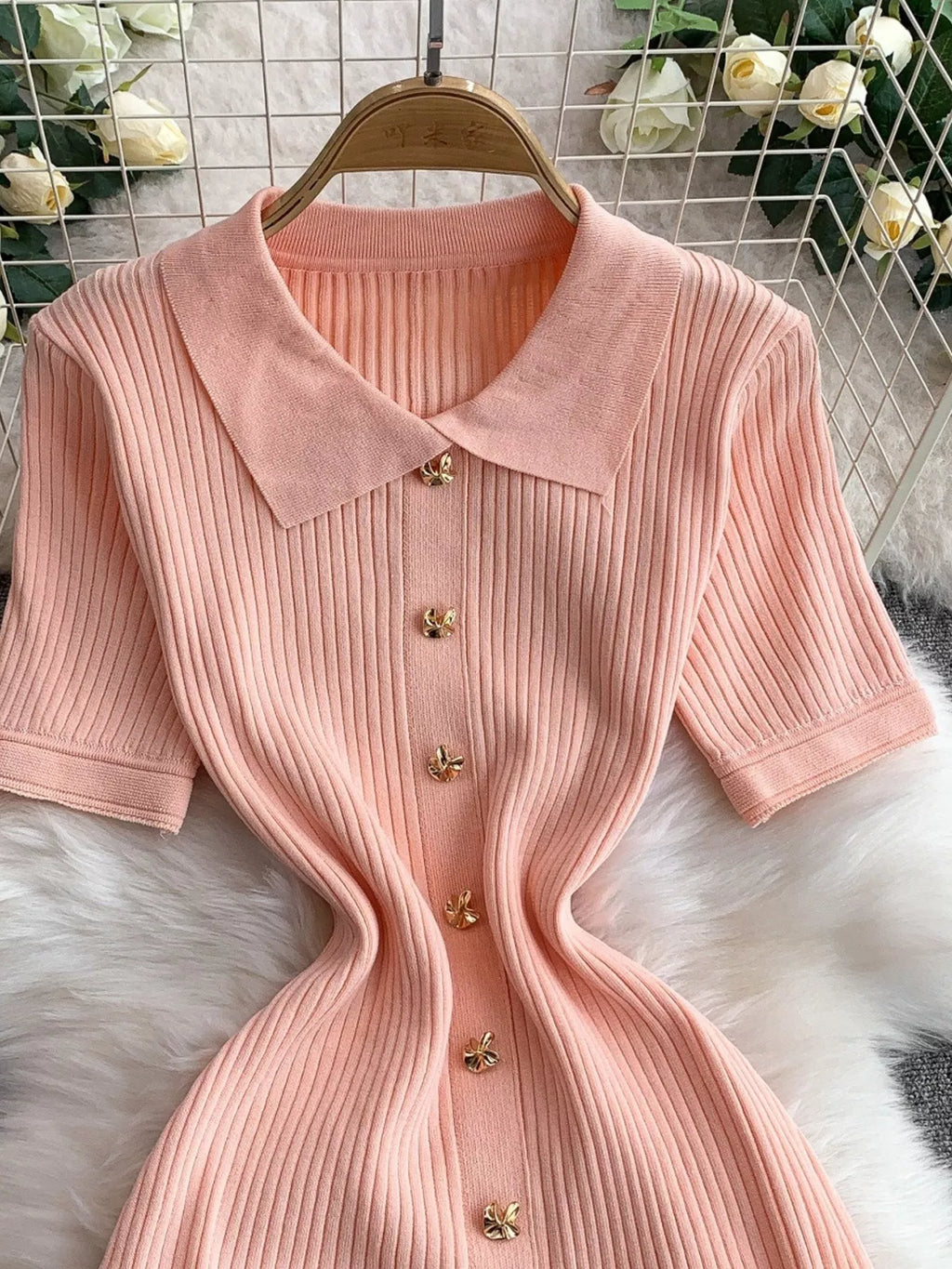 Button Front Ribbed Knit Midi Dress - Girly Tea