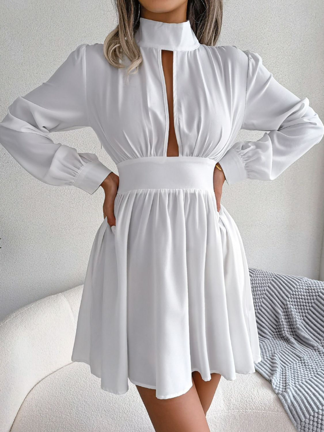 Cutout Turtleneck A-Line Mini Dress - Girly Tea