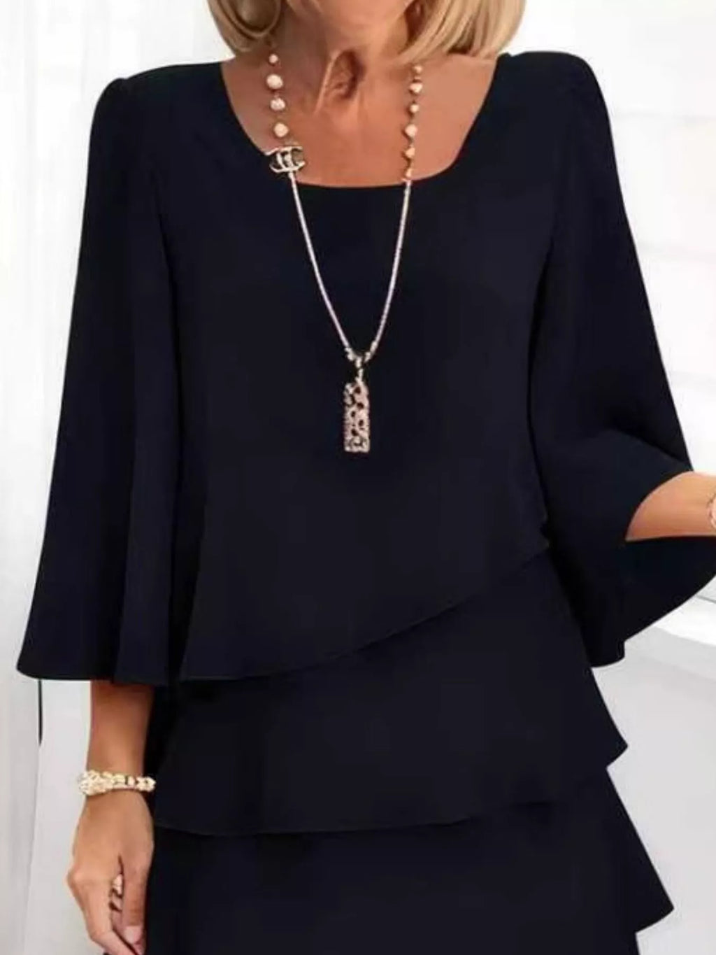 Full Size Ruffled Layered 3/4 Sleeve Dress Plus Size - Girly Tea