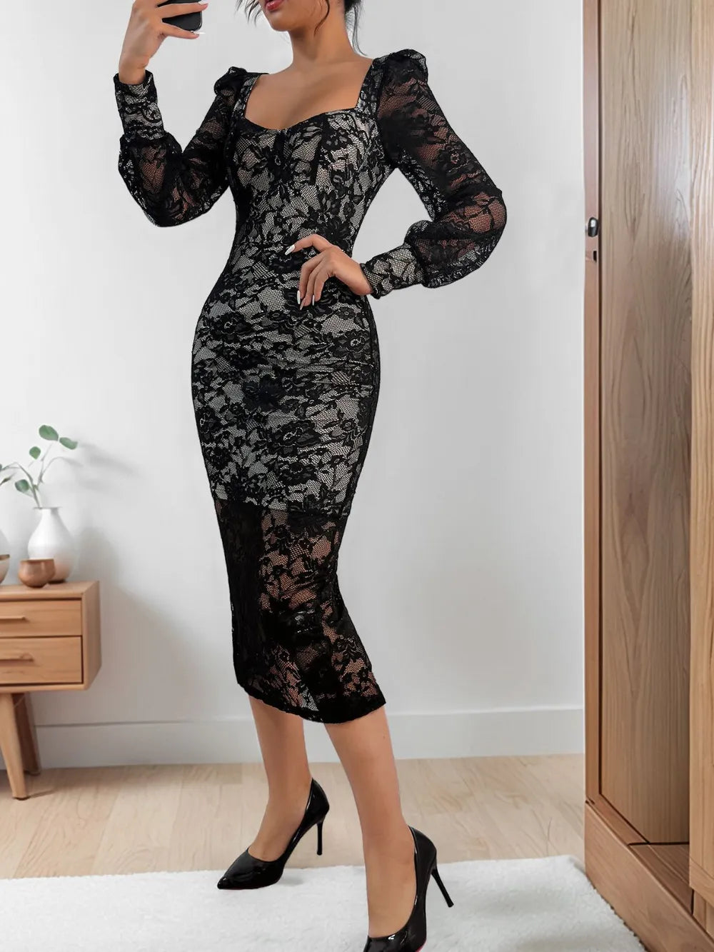 Perfee Lace Sweetheart Neck Long Sleeve Midi Dress - Girly Tea