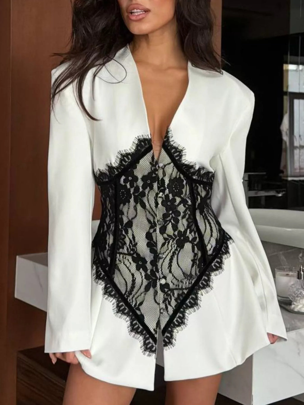 Lace Detail Long Sleeve Blazer - Girly Tea
