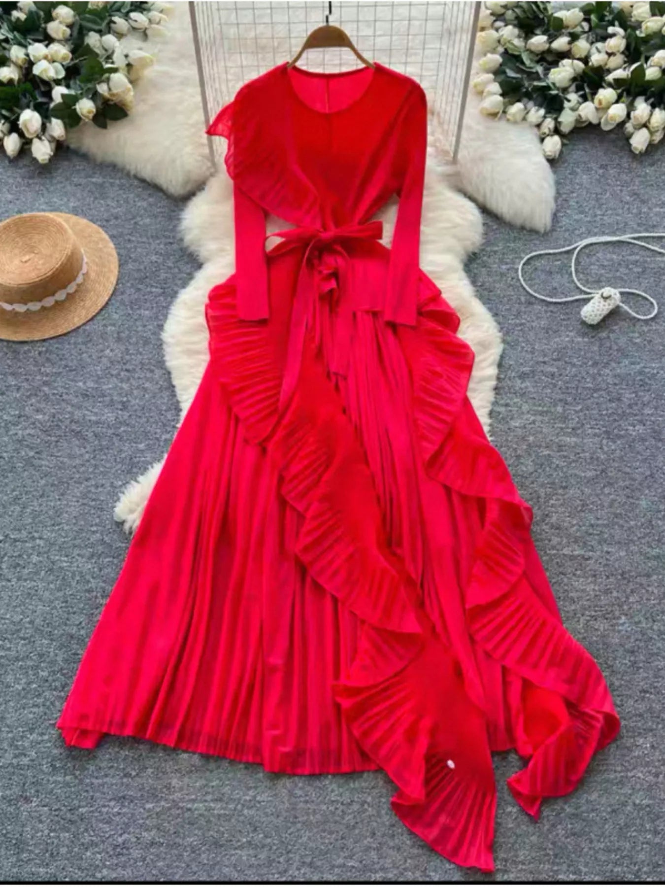 Ruffle Trim Pleated Midi Dress - Girly Tea