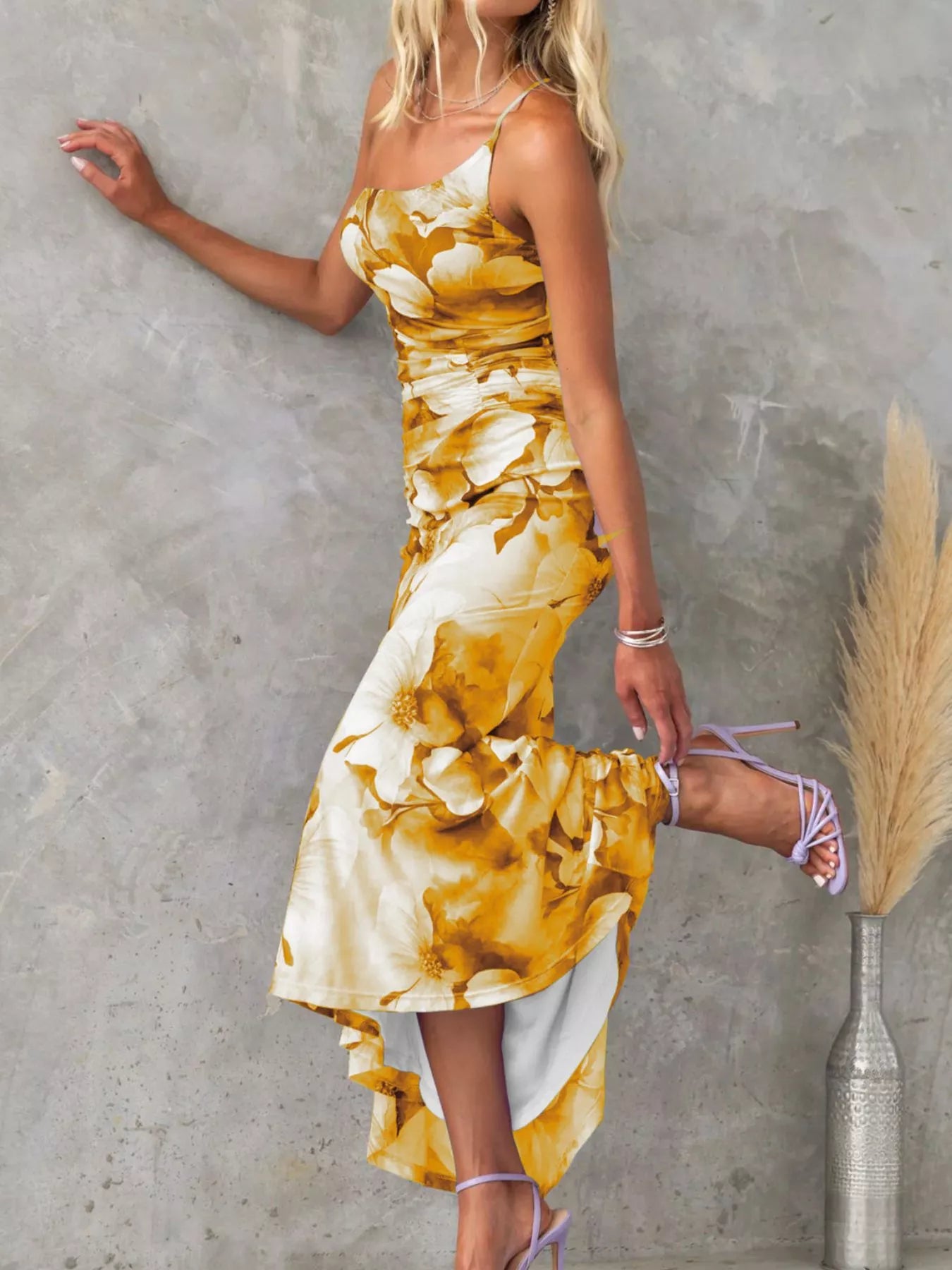 Floral Print One-Shoulder Ruched Maxi Dress - Girly Tea