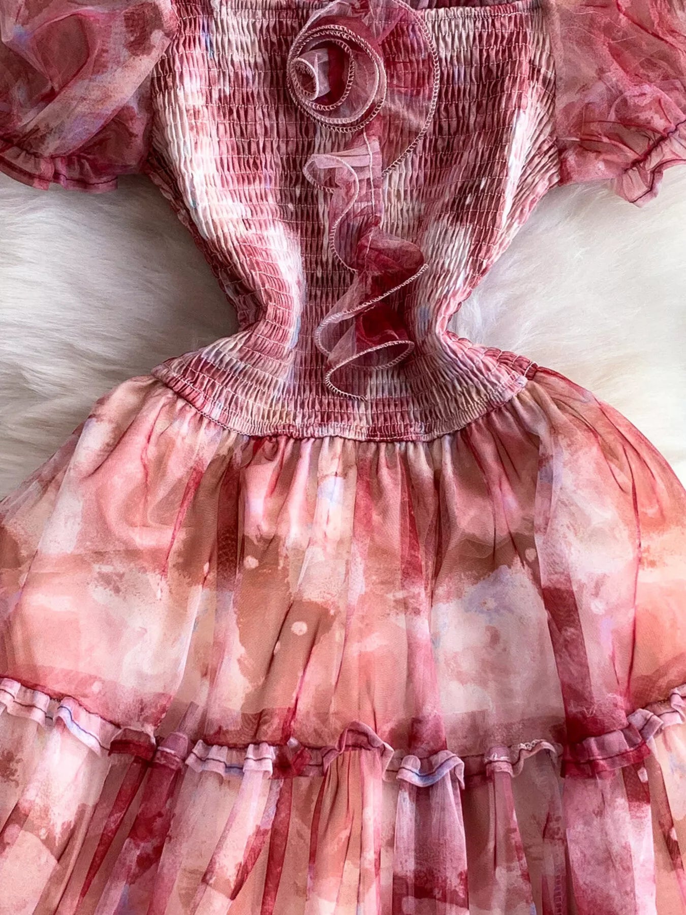 Smocked Floral Tiered Mesh Midi Dress - Girly Tea