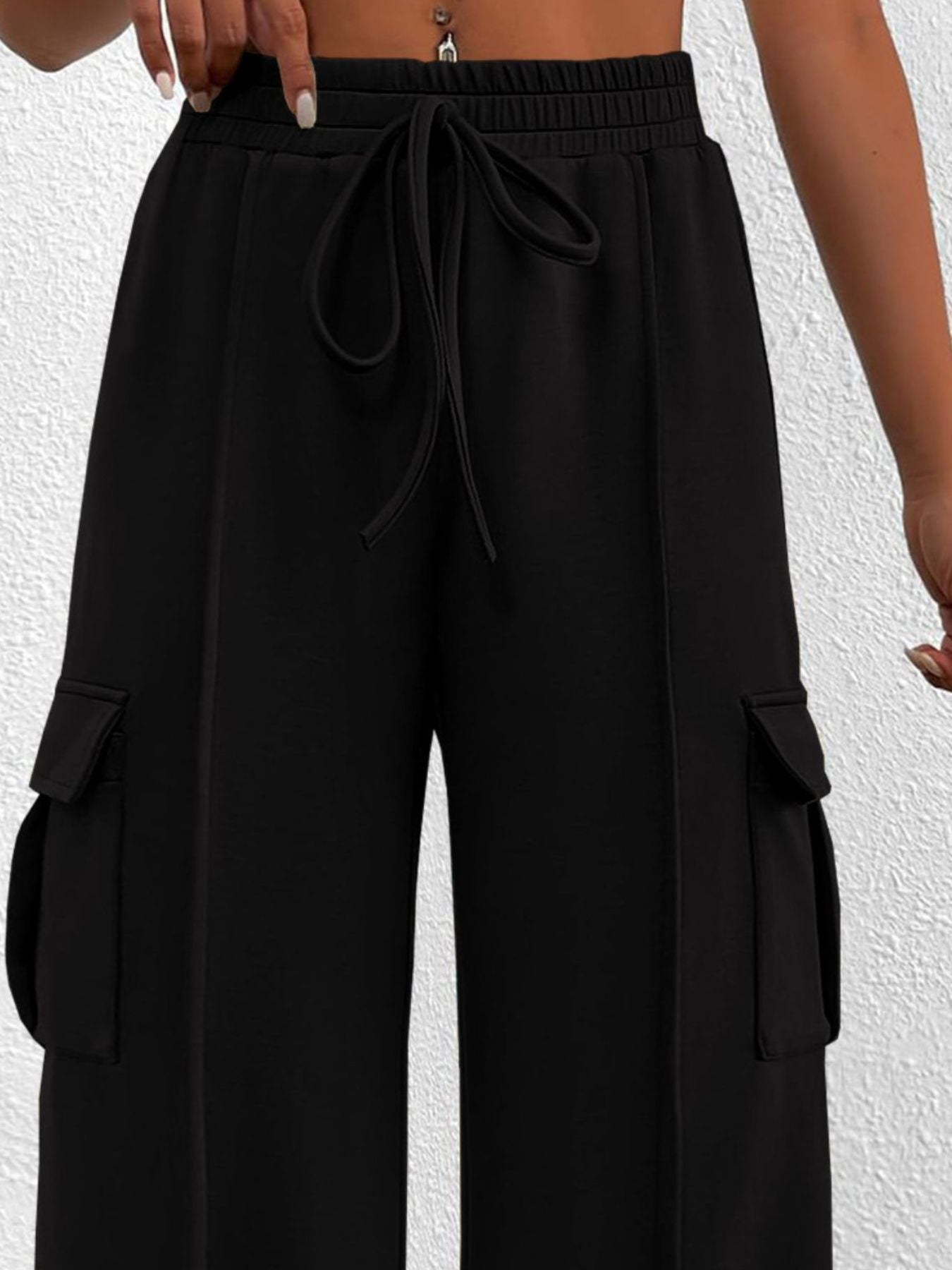 Casual High Waist Cargo Pants with Drawstring - Girly Tea