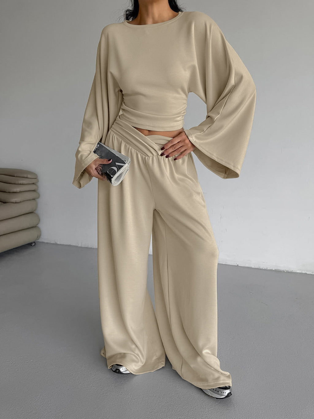 Round Neck Top and Wide Leg Pants Set - Girly Tea