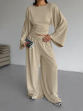 Round Neck Top and Wide Leg Pants Set - Girly Tea