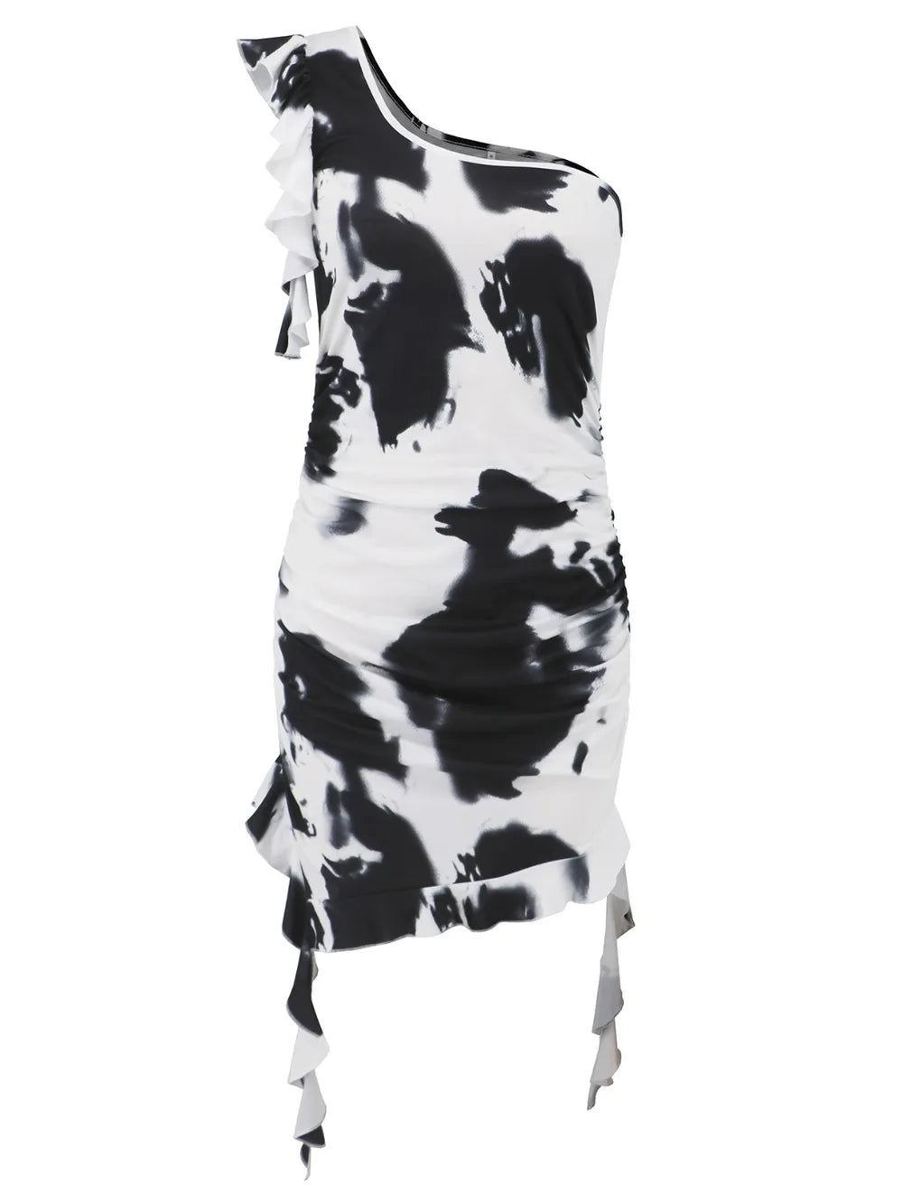 Ruffled Tie-Dye Single Shoulder Mini Dress - Girly Tea