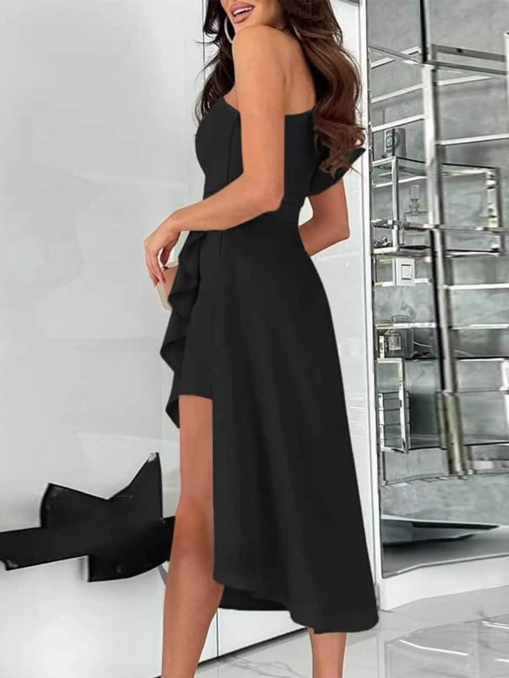 One-Shoulder Ruffle High-Low Dress - Girly Tea