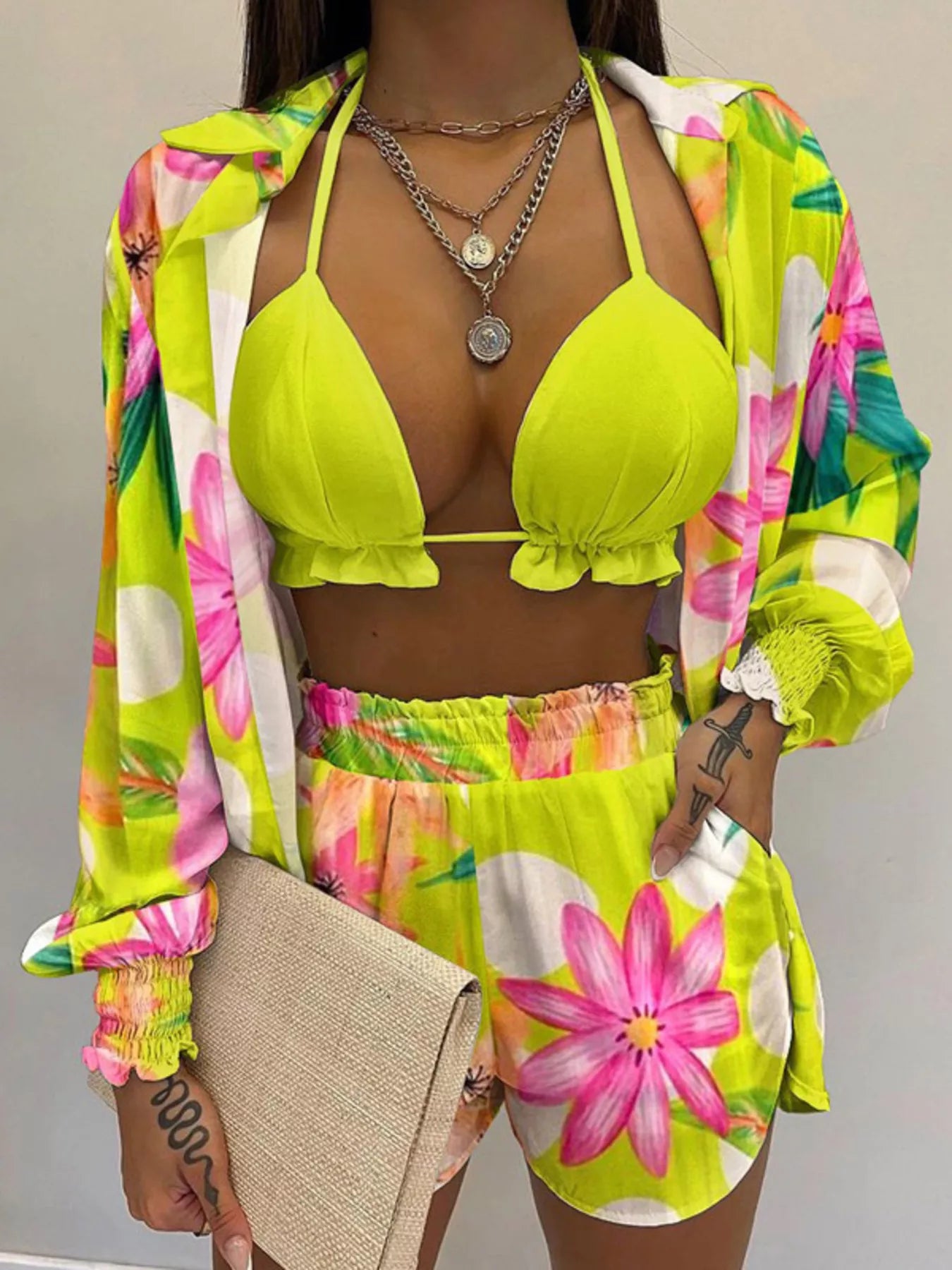 Full Size Halter Neck Cami & Shirt & Shorts 3-Piece Outfit Set Plus Size - Girly Tea