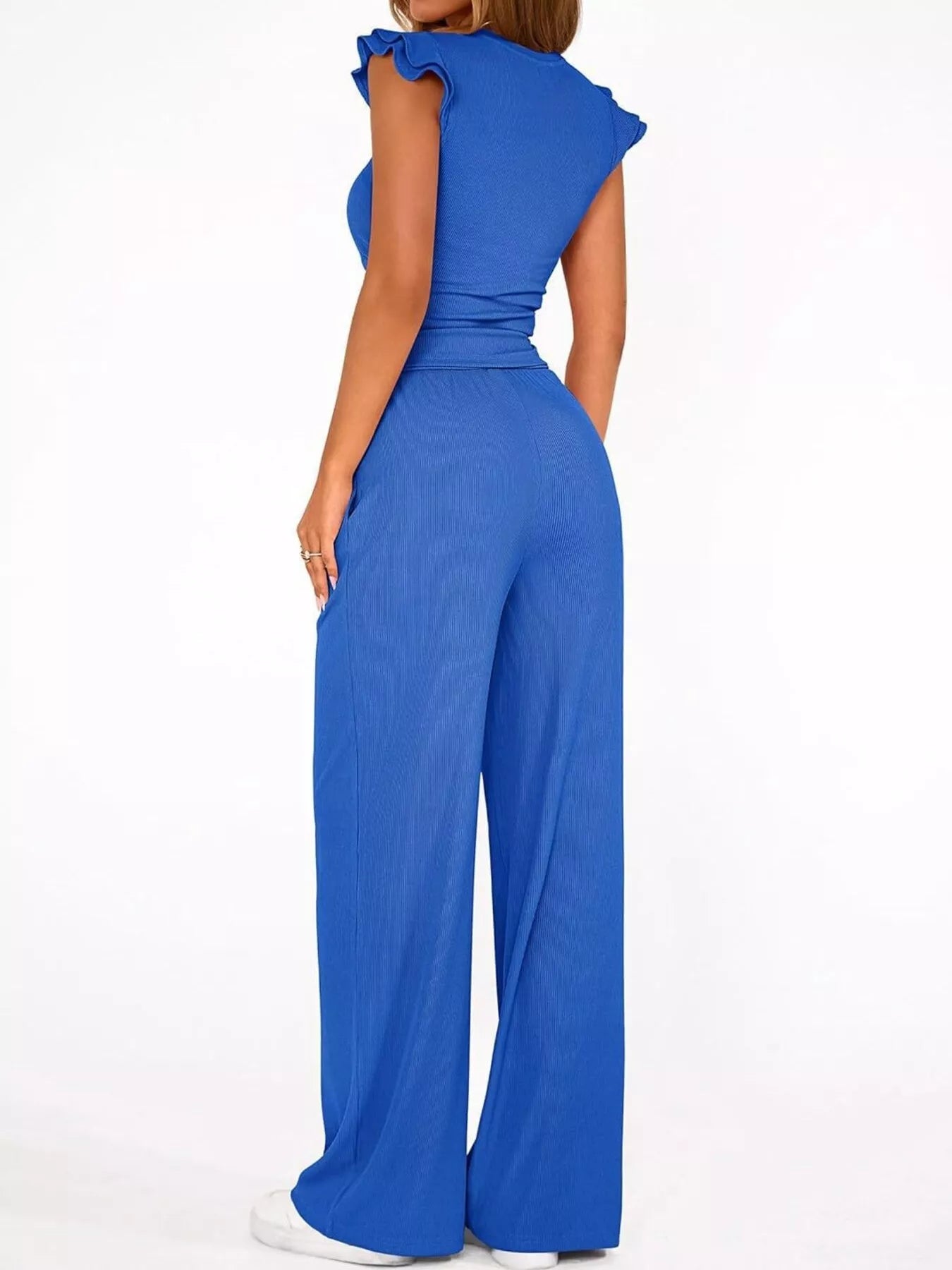 Ruffled Mock Neck Top and Wide Leg Pants Set - Girly Tea