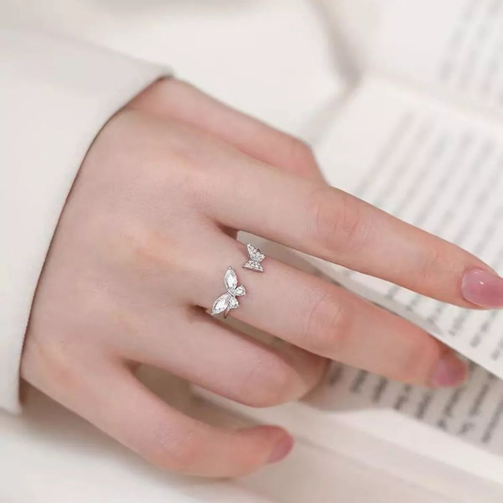 925 Sterling Silver Zircon Butterfly Open Ring - Girly Tea