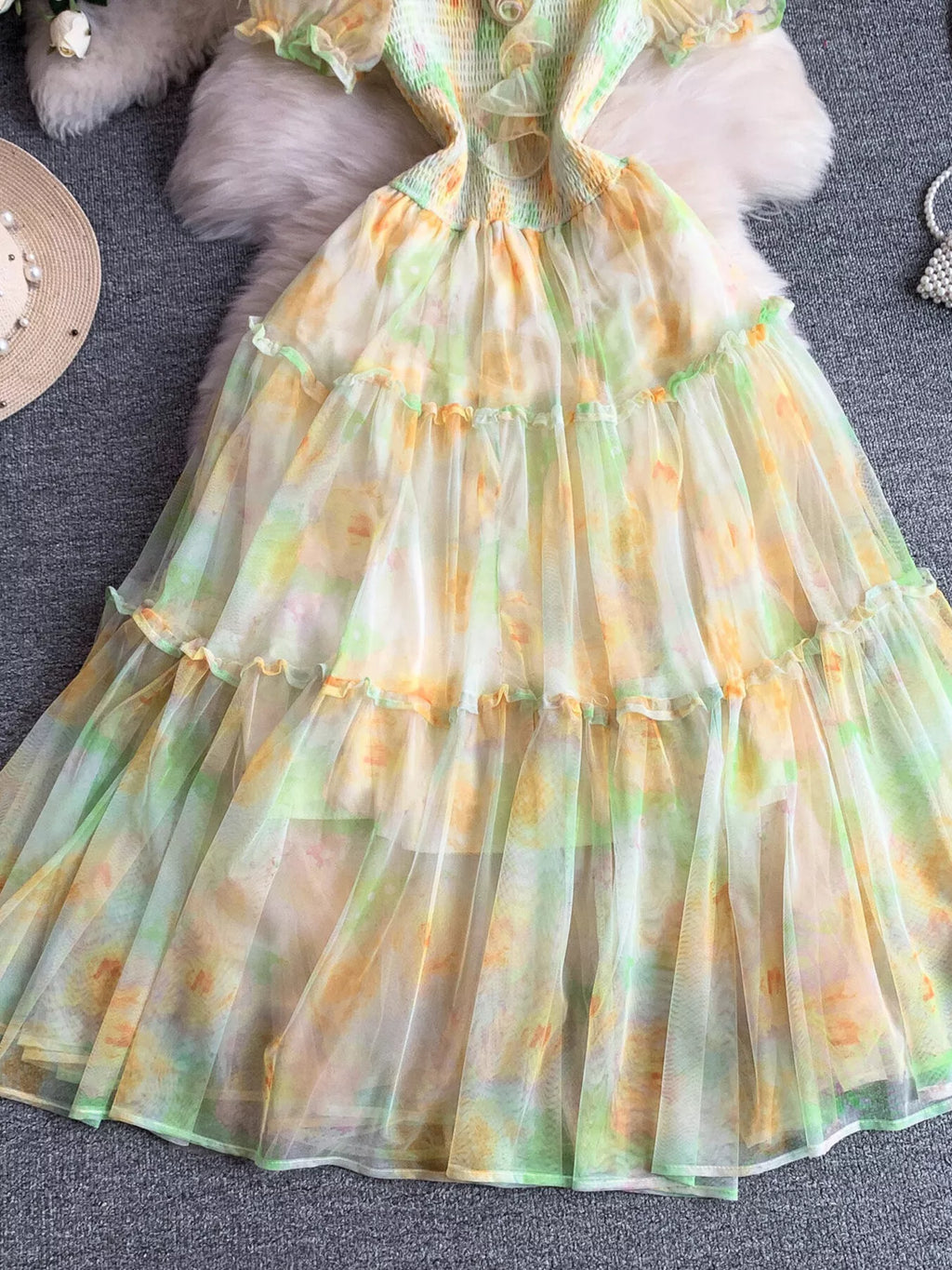 Smocked Floral Tiered Mesh Midi Dress - Girly Tea