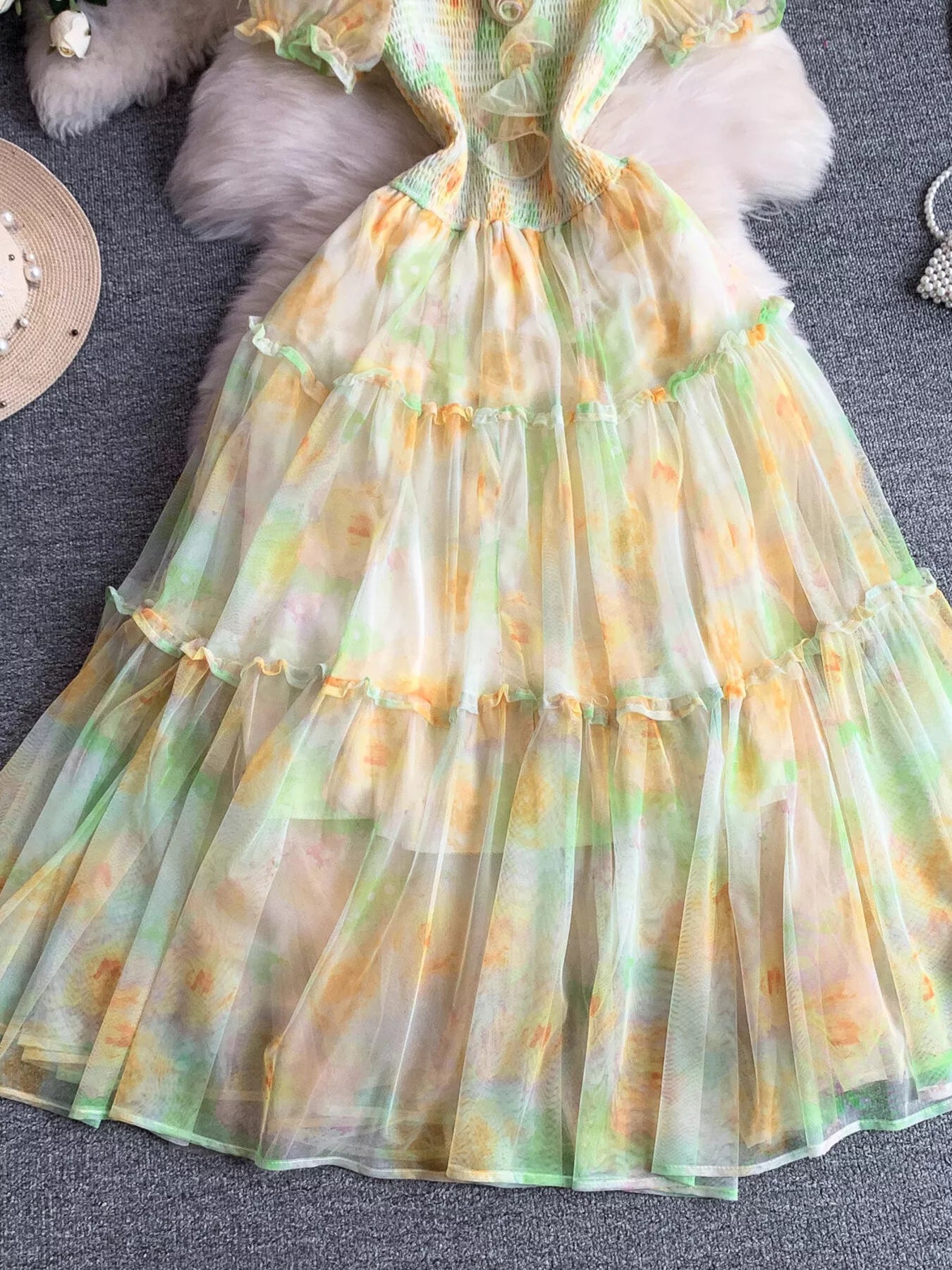 Smocked Floral Tiered Mesh Midi Dress - Girly Tea