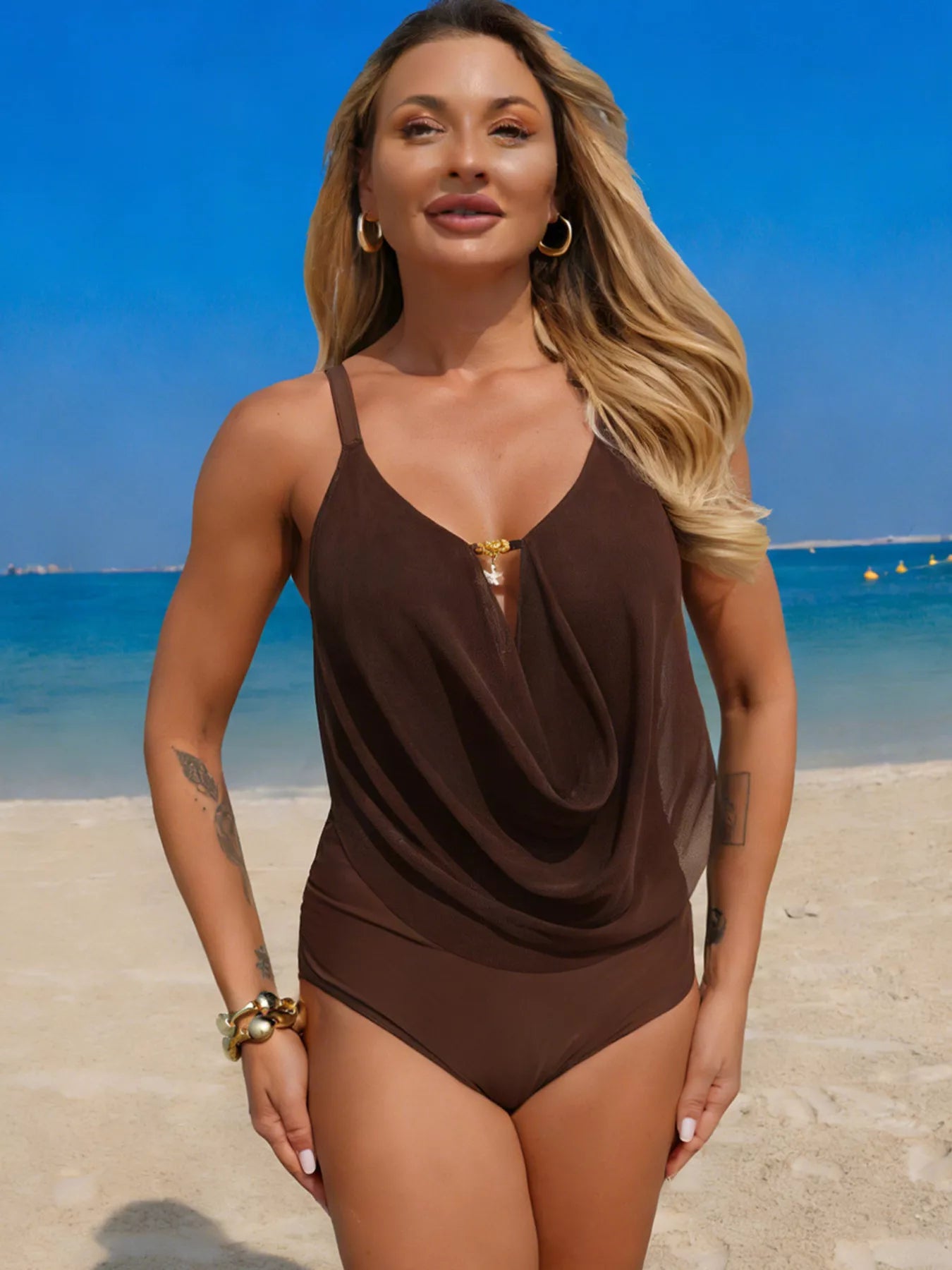Ruched Solid Color One-Piece Swimsuit - Girly Tea