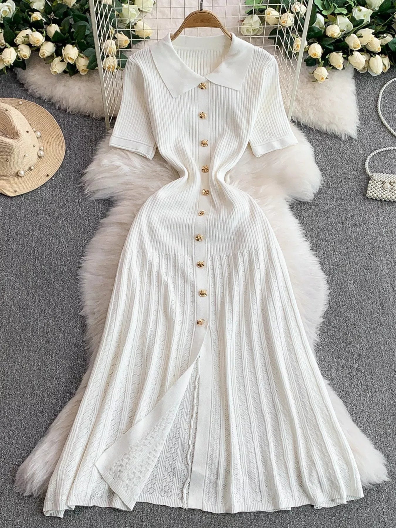Button Front Ribbed Knit Midi Dress - Girly Tea