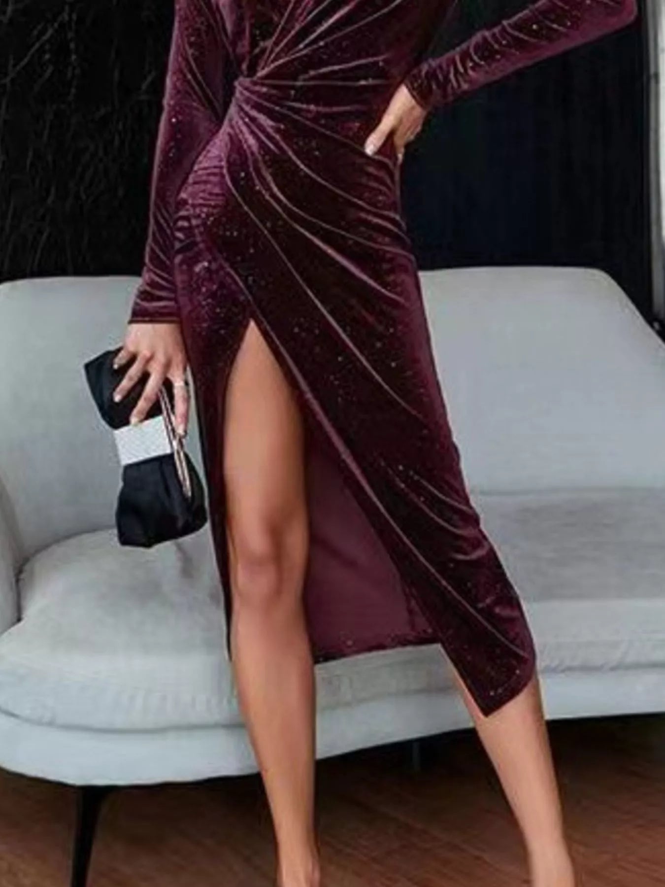 Velvet Ruched Slit Midi Dress - Girly Tea