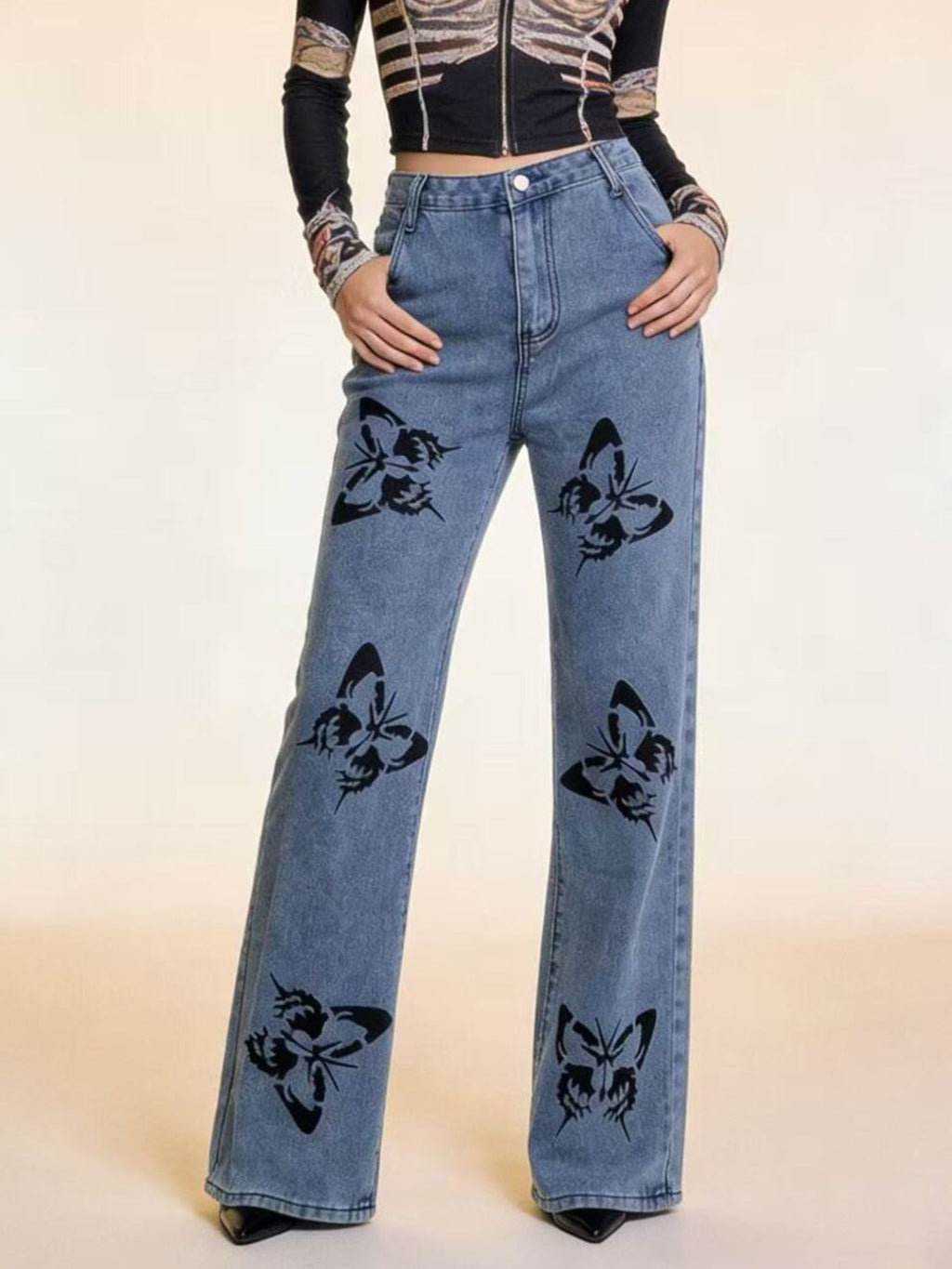 Butterfly Print High-Waisted Wide Leg Jeans - Girly Tea