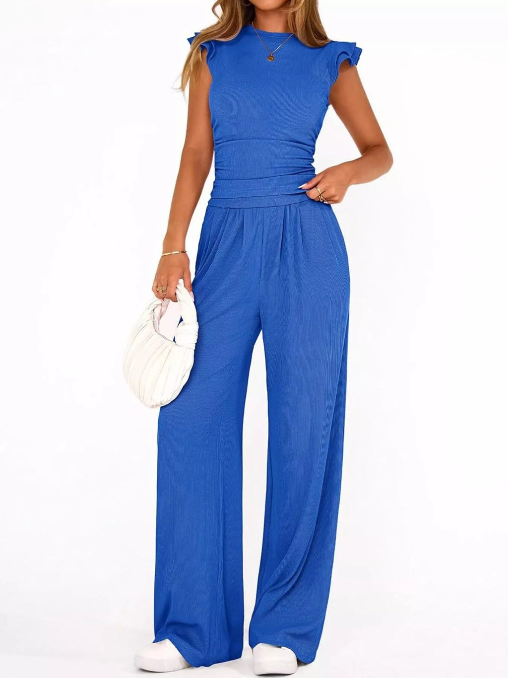 Ruffled Mock Neck Top and Wide Leg Pants Set - Girly Tea