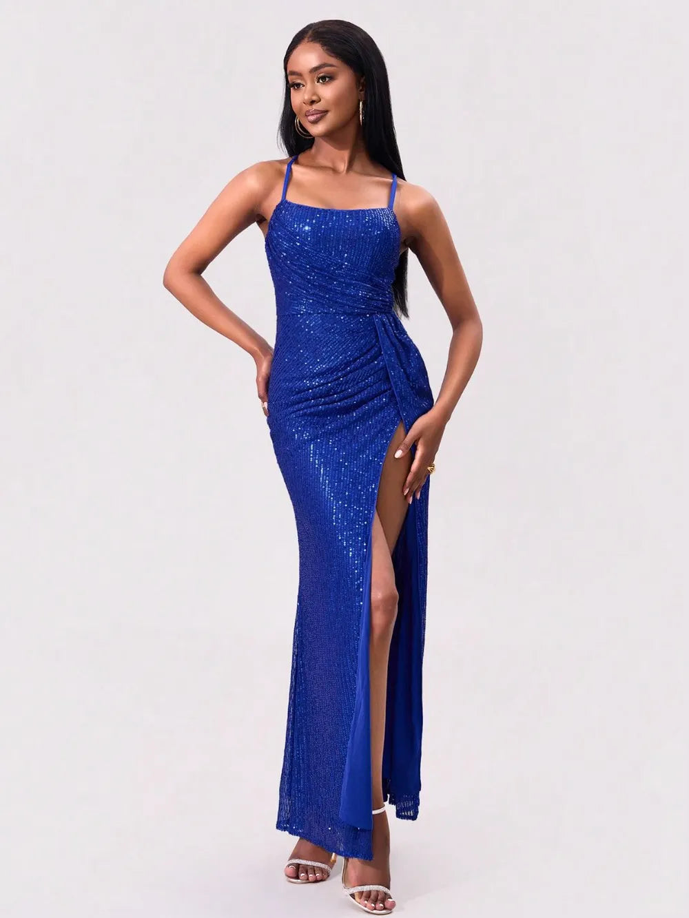 Slit Sequin Square Neck Spaghetti Strap Dress - Girly Tea