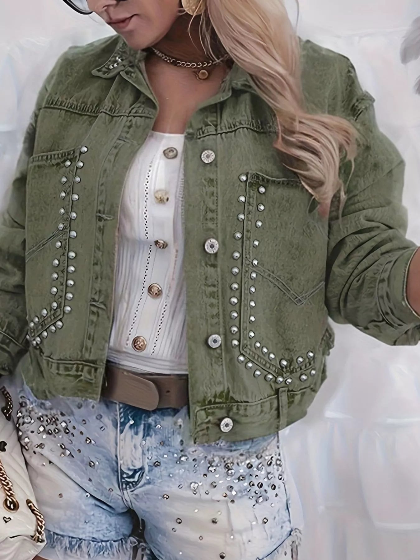 Studded Button Up Wash Denim Jacket - Girly Tea
